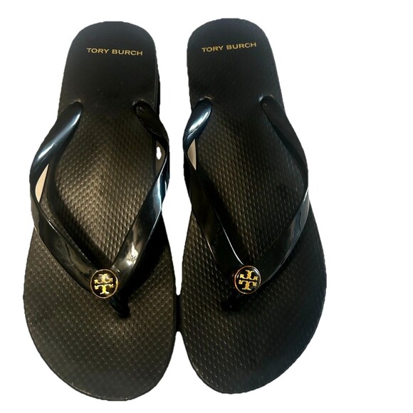 TORY BURCH Wedge Platform Gold Logo Flip Flops Black Women Sandals Size US 9? - Picture 4 of 13
